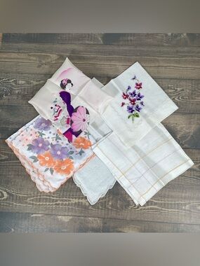 5 Vintage Lady’s Handkerchief Hankies Orange & Purples, White, Floral, Oriental